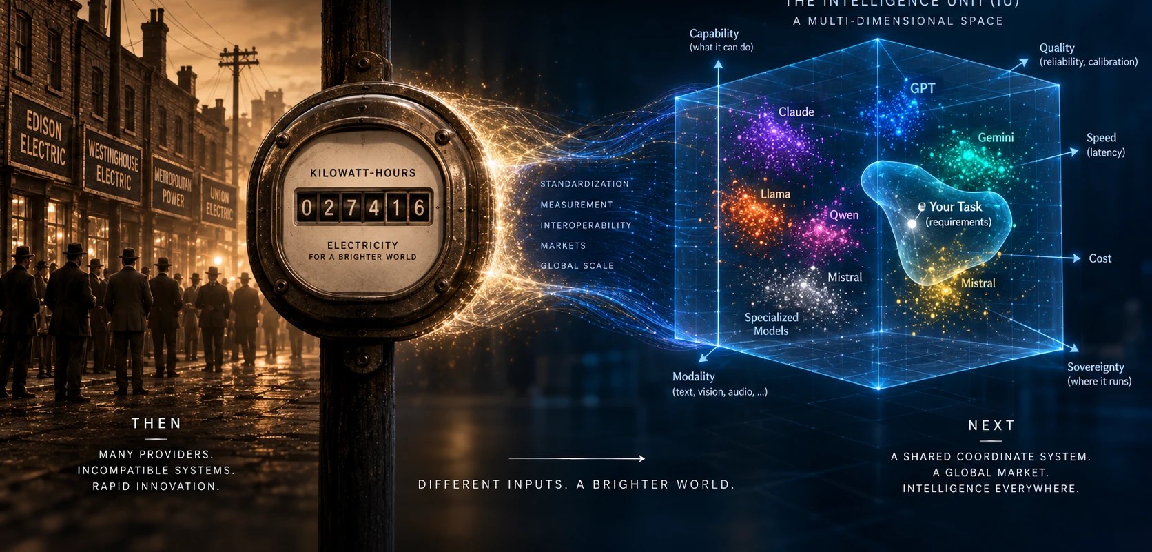 A brass kilowatt-hour meter on a gaslit 1890s street, its glow streaming into a glowing multidimensional cube labelled with model names.